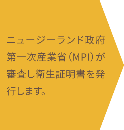 ニュージーランド政府第一次産業省（MPI）が審査し衛生証明書を発行します。